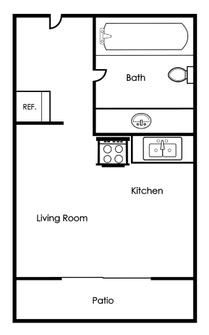 Floor Plan  A floor plan of a room with a bath, kitchen, living room, and patio.