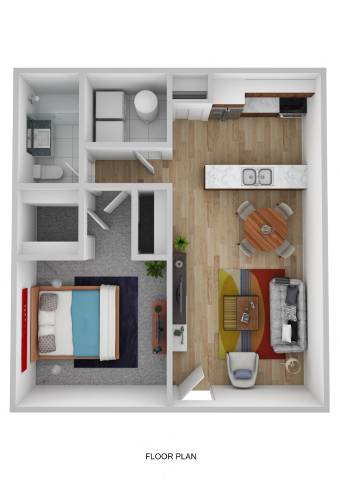 A floor plan of a small apartment with a kitchen, living room, and bathroom.