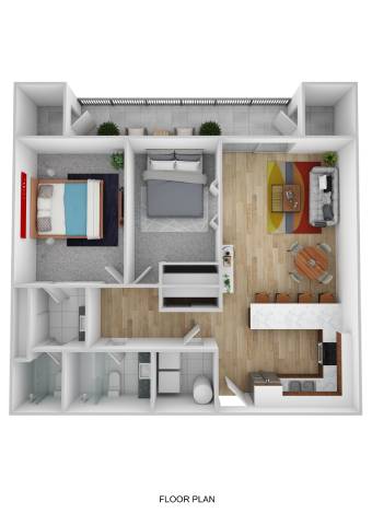 A floor plan of a small apartment with a bedroom, living room, kitchen, and bathroom.