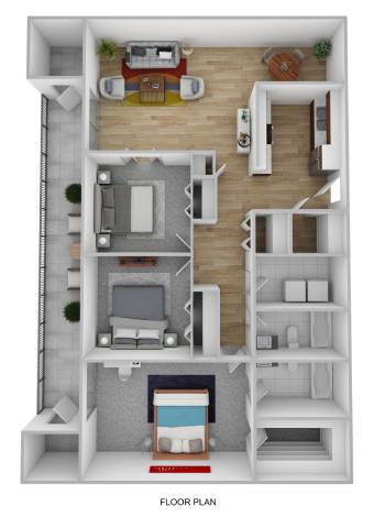 A floor plan of a small apartment with a living room, kitchen, and bedroom.