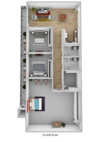A floor plan of a small apartment with a kitchen, living room, and bathroom.