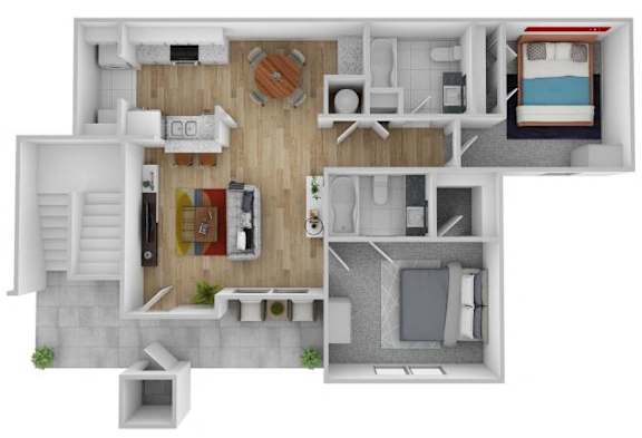 A 3D floor plan of a small apartment with a kitchen, living room, bedroom, and bathroom.