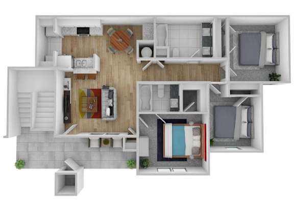 A 3D floor plan of a house with a kitchen, living room, bedrooms, and bathrooms.