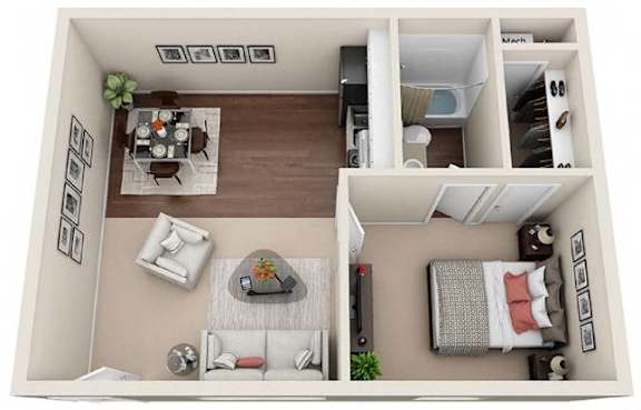 A top-down view of a small apartment with a living room, kitchen, and bedroom.