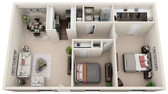 A top-down view of a small apartment with a kitchen, living room, and bedroom.
