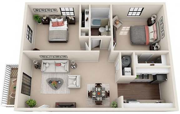 A 3D floor plan of a two-bedroom apartment with a living room, kitchen, and bathroom.