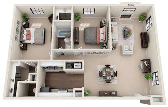 A 3D floor plan of a house with a kitchen, living room, and two bedrooms.