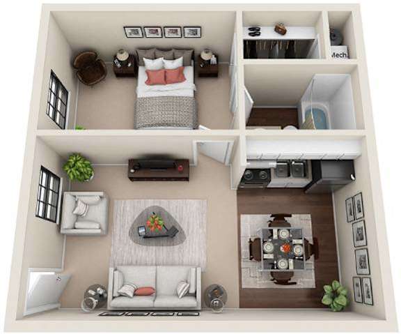 A 3D floor plan of a small apartment with a bedroom, living room, and kitchen.