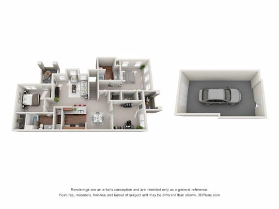 A 3D floor plan of a house with a separate bathroom.