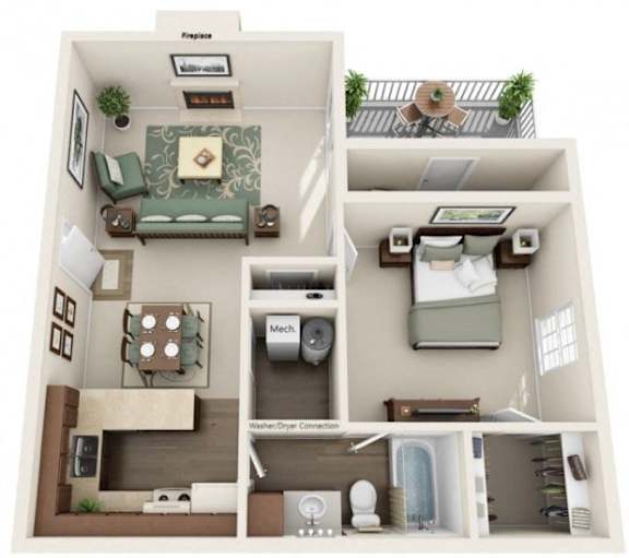 A 3D floor plan of a house showing a living room, kitchen, and bathroom.