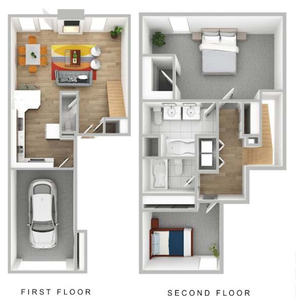 A diagram of a two-story house with labeled first and second floors.