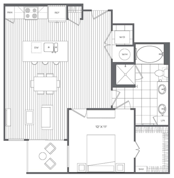 1K Floor Plan at Platt Park by Windsor, Denver, CO, 80210