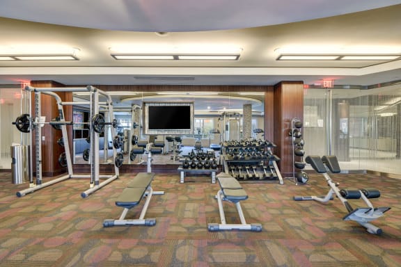 Large Screen TVs in Fitness Center at Windsor at Cambridge Park, Cambridge, 02140