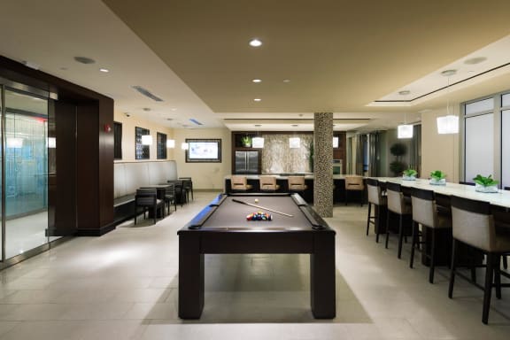 Entertainment Room With Billiards Table at Windsor at Cambridge Park, Cambridge, MA