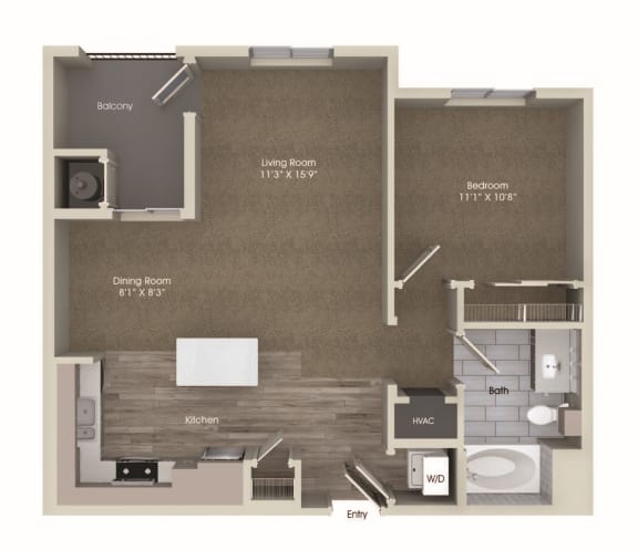 A1 1 Bedroom 1 Bathroom Floor Plan at Valentia by Windsor, California