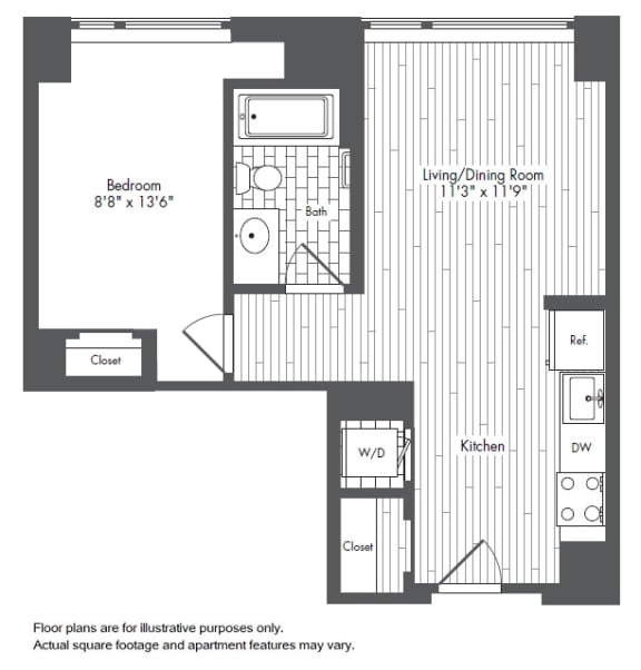 A3 1 Bed 1 Bath Floor Plan at Waterside Place by Windsor, Boston, MA, 02210