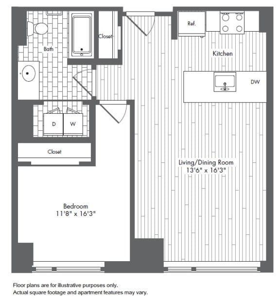 A5 1 Bed 1 Bath Floor Plan at Waterside Place by Windsor, Boston, Massachusetts