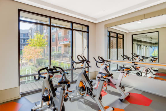 a room with a row of exercise bikes in front of a large window