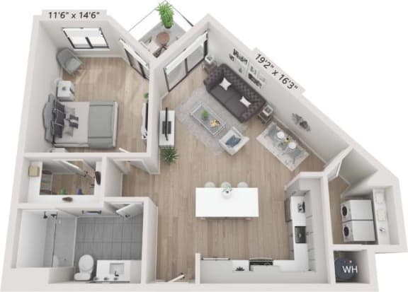 a bedroom with a bed and a dresser and a mirror