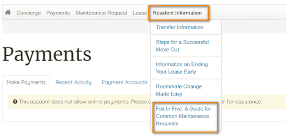 A screenshot of a webpage with a navigation menu including options like Concierge, Payments, and Maintenance Request.