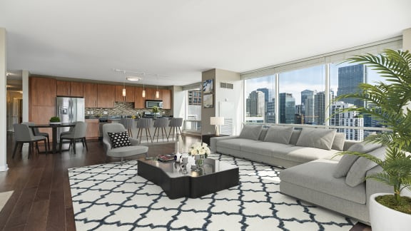 Open living room at Flair Tower Apartments, River North, Chicago