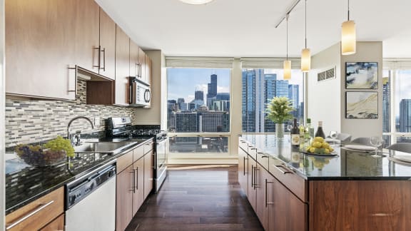 Chef inspired kitchen at Flair Tower Apartments, 222 W Erie St, Illinois