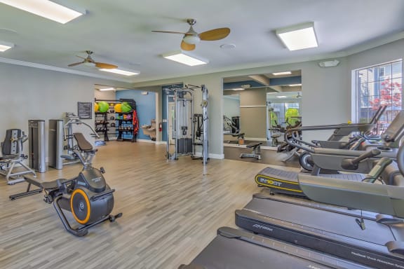 a gym with cardio equipment and weights at the enclave at woodbridge apartments in sugar land,