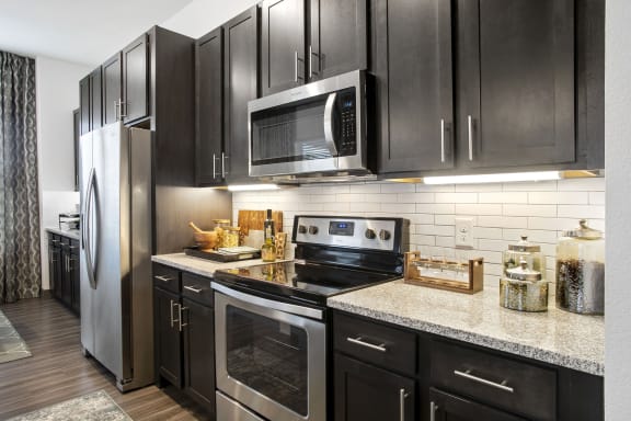 Luxurious kitchen at Windsor Lakeyard District, an apartment community in North Dallas