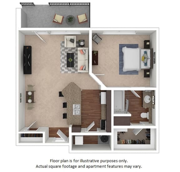 1x1_1A_728sf floor plan at The District, 6300 E. Hampden Ave., 80222