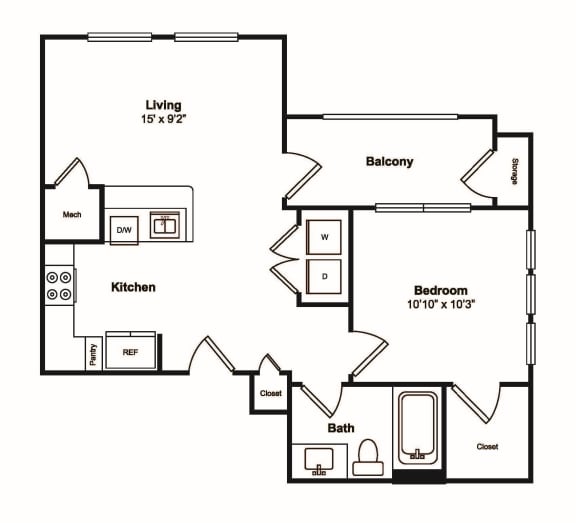 1 Bedroom 1 Bathroom Floor Plan at Windsor Castle Hills, Carrollton