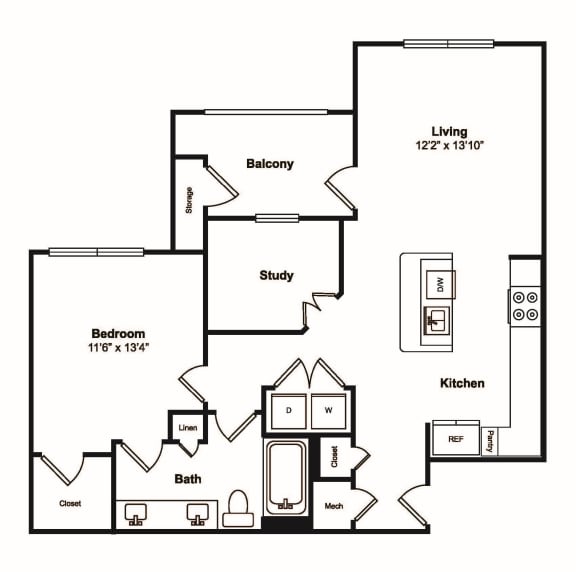 A6 1 Bedroom 1 Bathroom Floor Plan at Windsor Castle Hills, Carrollton, TX
