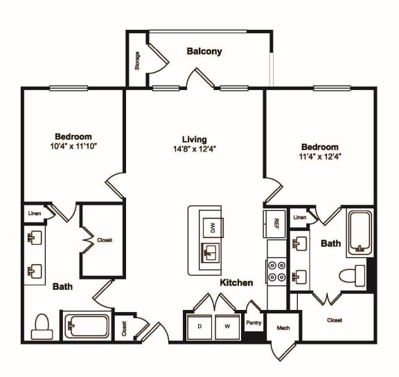 2 Bedroom 2 Bathroom Floor Plan at Windsor Castle Hills, Carrollton, Texas
