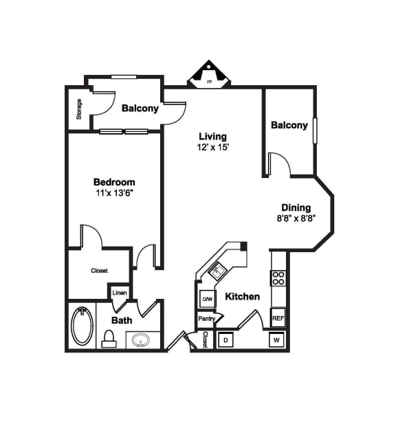 1 Bedroom 1 Bathroom Floor Plan at Windsor Westbridge, TX, 75006