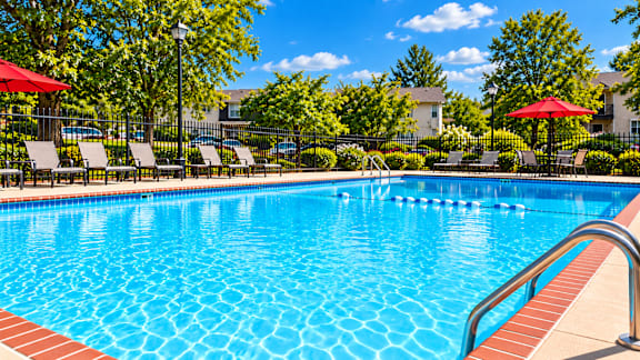 A swimming pool surrounded by trees and chairs.