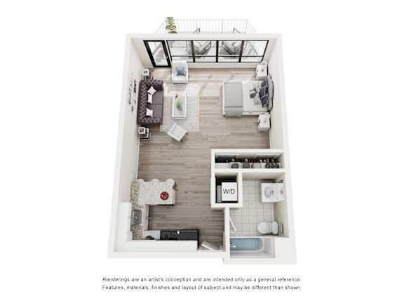 A top-down view of a small apartment with a kitchenette, living room, and bathroom.
