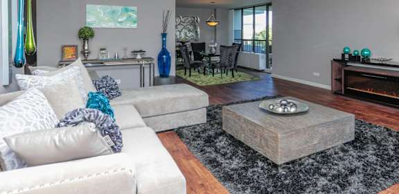 a living room with couches and a coffee table in front of a fireplace