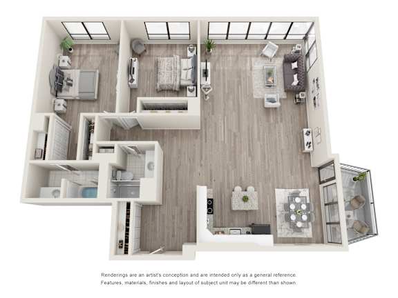 A top-down view of a modern apartment layout with a kitchen, living room, and bedrooms.