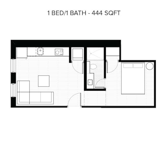 A black and white image of a 1 bedroom/1 bathroom apartment of 444 square feet.
