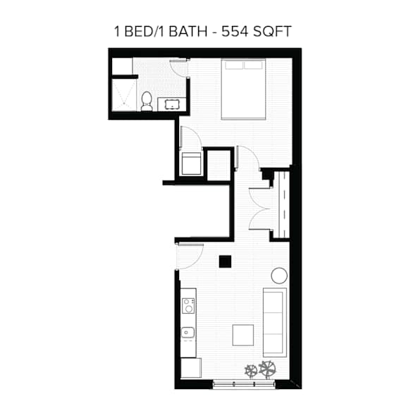 A floor plan of a 1 bedroom apartment with a bathroom.