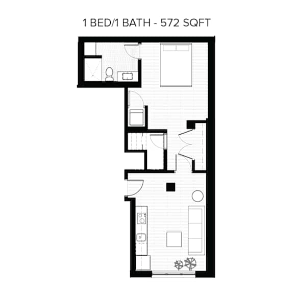 A floor plan of a 1 bedroom apartment with a bathroom.