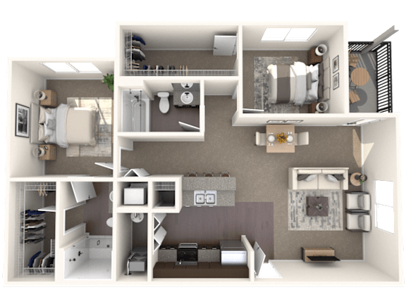 A 3D floor plan of a house showing a kitchen, living room, and two bedrooms.
