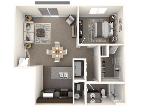 A 3D floor plan of a small apartment with a living room, kitchen, and bathroom.