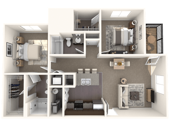 A 3D rendered image of a small apartment layout.