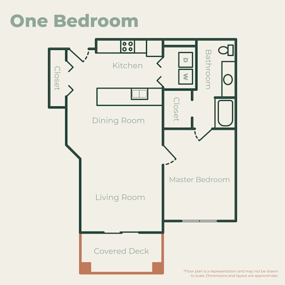 A floor plan of a one bedroom apartment.