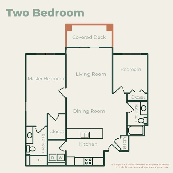 A diagram of a two bedroom apartment layout.