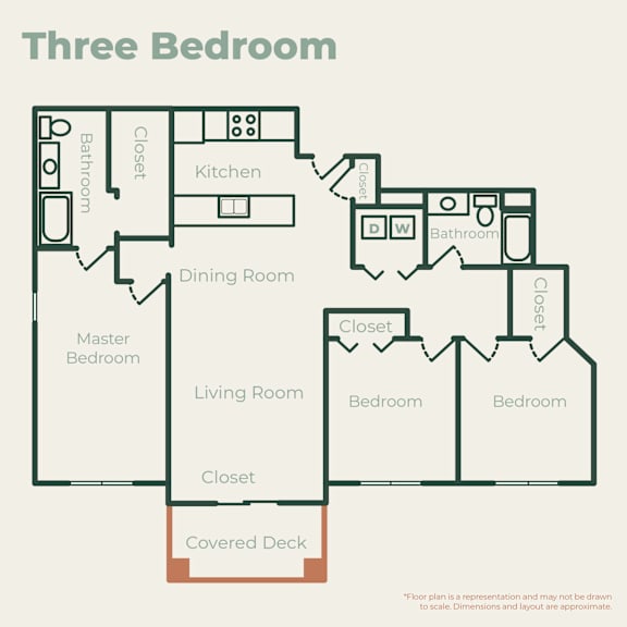 A floor plan of a three bedroom apartment.