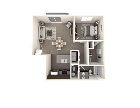 A 3D floor plan of a house with a kitchen, living room, and two bedrooms.