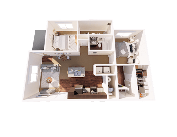 Floor Plan  A 3D floor plan of a house with a living room, kitchen, and two bedrooms.