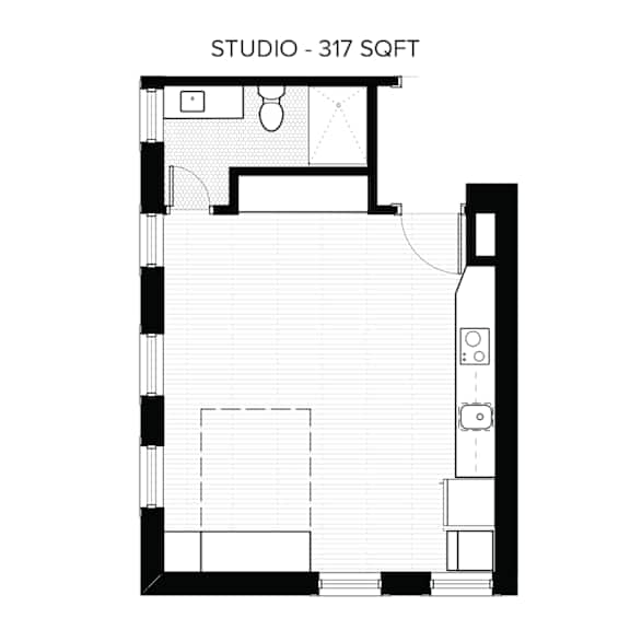 A floor plan of a studio apartment is shown with a total area of 317 square feet.