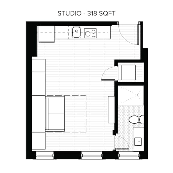 A floor plan of a studio apartment with 318 square feet.